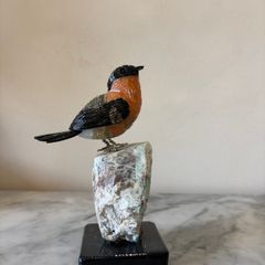Hand-Carved Gemstone Bullfinch on Raw Amazonite Base
