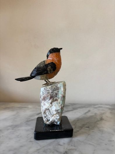 Hand-Carved Gemstone Bullfinch on Raw Amazonite Base