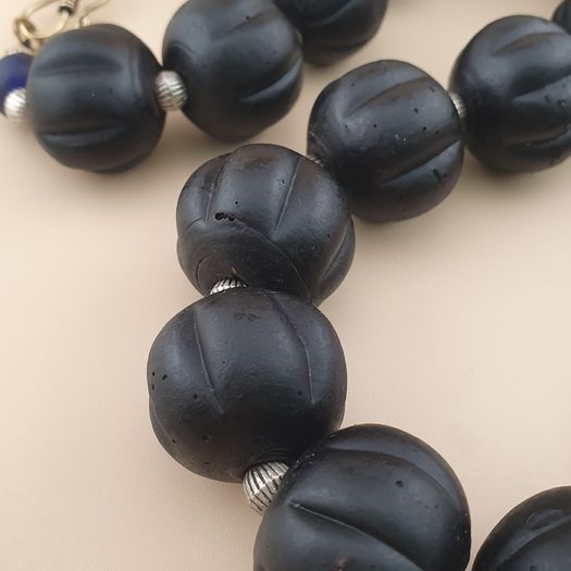 Antique African Style Dark Black Melon Shape Glass Beads Necklace