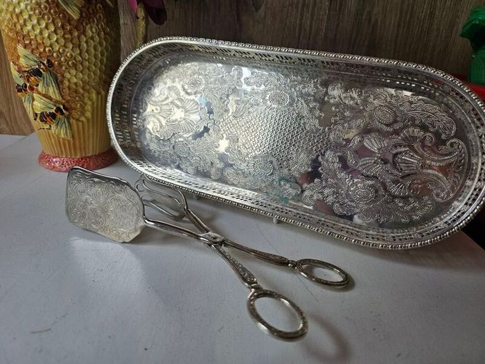 Vintage Silver Plated Serving Tray and Server Tongs