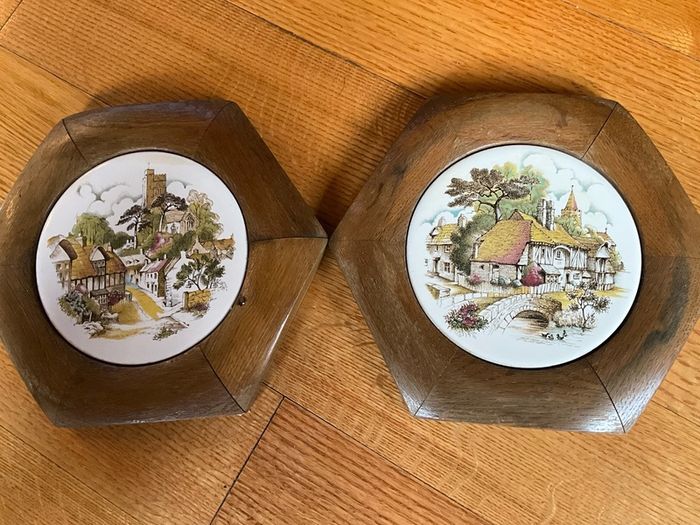 Vintage Plaques .Tikes in Oak Hexagon Shaped Frames