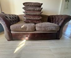 Chesterfield leather/fabric brown beige sofa