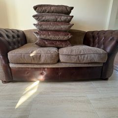 Chesterfield type leather/fabric brown beige sofa