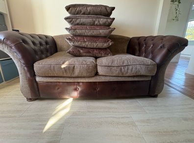 Chesterfield type leather/fabric brown beige sofa