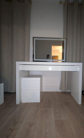 Vanity Table with topped glass, LED Vanity Mirror & locker