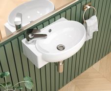 Wall Hung Ceramic Bathroom Sink, White Wash Basin 42x28x12.5cm  Modern Ceramic Basin, Wall-Mounted Cloakroom Basin with Overflow, Left Tap Hole, Space-Saving Corner Sink Basins for Bathroom
