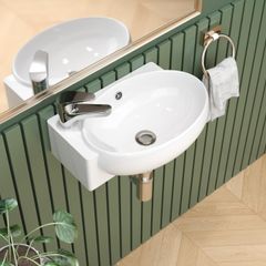 Wall Hung Ceramic Bathroom Sink, White Wash Basin 42x28x12.5cm  Modern Ceramic Basin, Wall-Mounted Cloakroom Basin with Overflow, Left Tap Hole, Space-Saving Corner Sink Basins for Bathroom