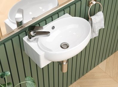 Wall Hung Ceramic Bathroom Sink, White Wash Basin 42x28x12.5cm  Modern Ceramic Basin, Wall-Mounted Cloakroom Basin with Overflow, Left Tap Hole, Space-Saving Corner Sink Basins for Bathroom
