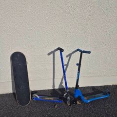 Skateboard and 2 scooters