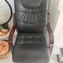 Pair of Black Leather Office / Visitor Armchairs with Mahogany Wooden Arms Image 4