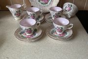 1930's Delphine Bone China 15 Puece Teaset with pale pink inside