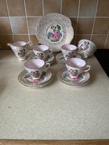1930's Delphine Bone China 15 Puece Teaset with pale pink inside