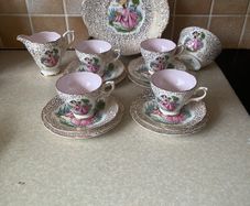 1930's Delphine Bone China 15 Puece Teaset with pale pink inside
