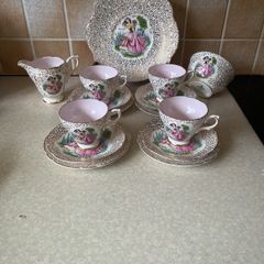 1930's Delphine Bone China 15 Puece Teaset with pale pink inside
