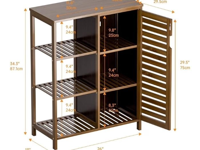 Walnut Bathroom Cabinet, Bamboo Floor Standing Side Storage Organizer with Door and 3 Open Shelves, Space Saving Kitchen Living Room Cupboard