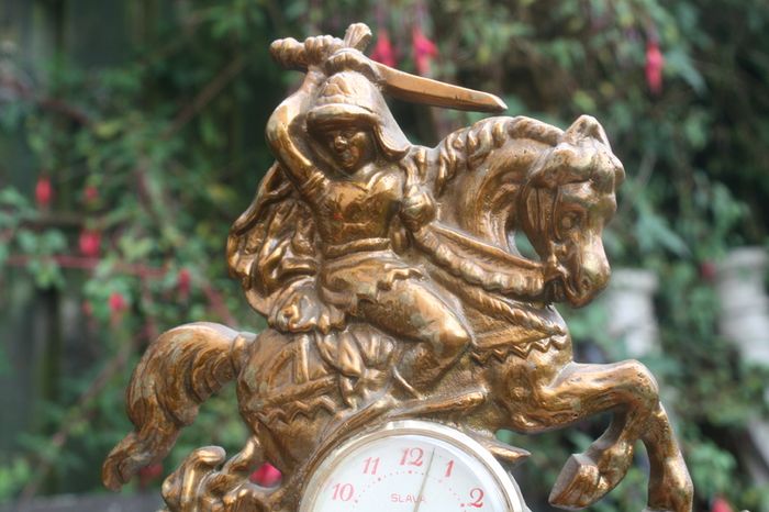 Vintage Brass Table Clock Knight on Horseback and Dragon, Saint George and Dragon, Mechanical  Clock SLAVA 11 JEWELS,  Working