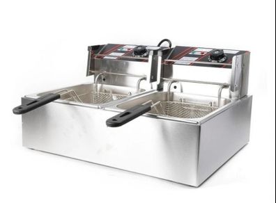 Stainless Steel Double Fryer  Electric Thermostat 60 To 200C With Basket And Lid 12L 220v