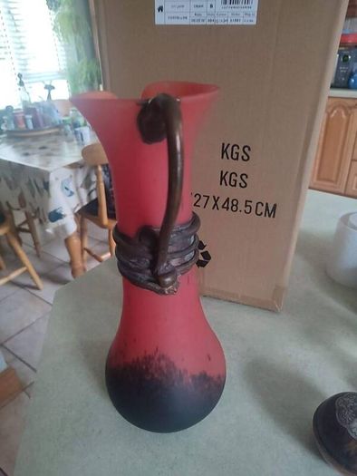 Vintage from the 1990s  Vintage tall heavy Franz Caffrey Aqua Single Handle vessel with copper relief vase/red flower vase/irish artist/irish sculpture