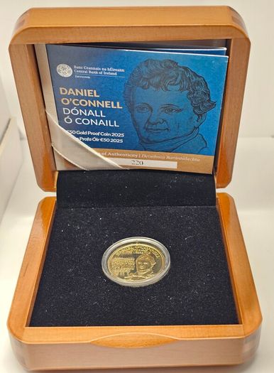 Ireland 2025 Gold Proof 1/4oz Au Daniel O'Connell 50 Euro Coin 250 Anniversary in Original Holder with COA