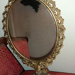 Tall Art Nouveau brass standing mirror