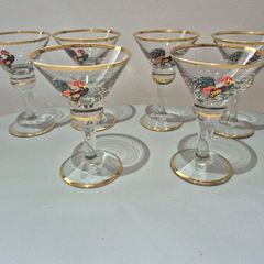 Pristine Vintage Art Deco Enamel Cockerel Cocktail Glasses Set of 6