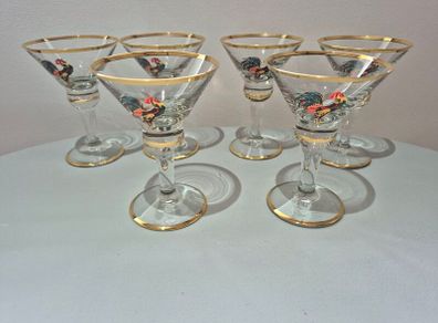 Pristine Vintage Art Deco Enamel Cockerel Cocktail Glasses Set of 6
