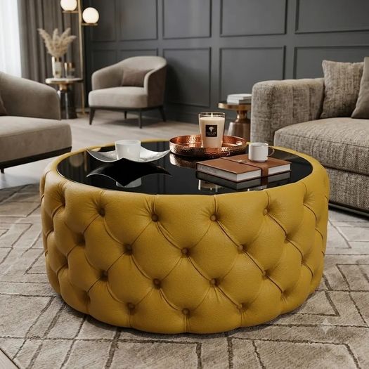Round Velvet Coffee Table  Tinted Glass Top
