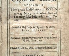 Doctor Juan Huartes (1529-1588). Examen de Ingenios: Or, The Tryal of Wits.Translated by Mr Bellamy 1698. antiquarian, rare, leather, binding, psychology, neuroscience, intelligence, wit, phrenology, philosophy, renaissance, spanish, seventeenth century, 