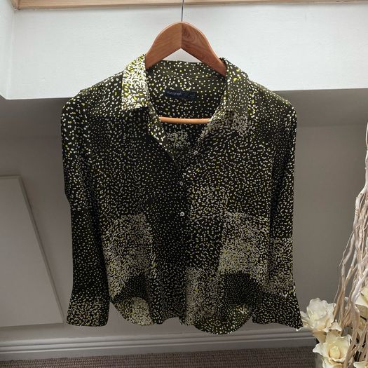 M&S Autograph Premium Satin Blouse - Green Abstract Contrast Spot Print