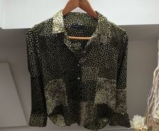 M&S Autograph Premium Satin Blouse - Green Abstract Contrast Spot Print