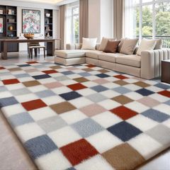 Area Rugs Living Room Bedroom 240x300cm, Large Fluffy Carpet Soft Shaggy Multicolored Checkered Rugs, Washable Area Rug Anti Slip, Fuzzy Carpets for Kids Room Nursery, Dorm Home Decor