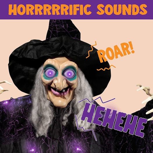 72 Inch Hanging Animated Talking Witch Decoration with Light-up Eyes and sound activation function for Halloween Haunted House Prop