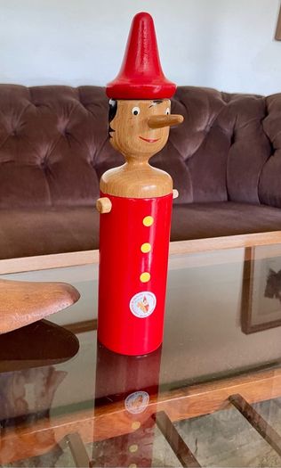 Vintage Tall Wooden Pinocchio Coin Bank with Lock and Keys Red Hand Painted Italy 29 cm