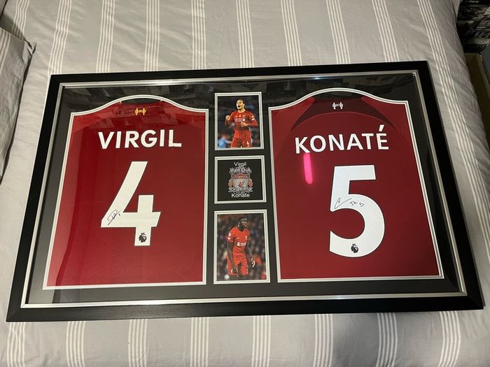 Virgil van Dijk & Konate signed jerseys in frame.