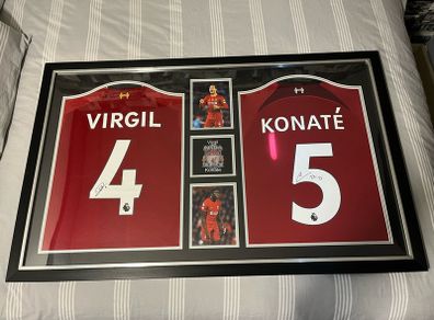 Virgil van Dijk & Konate signed jerseys in frame.