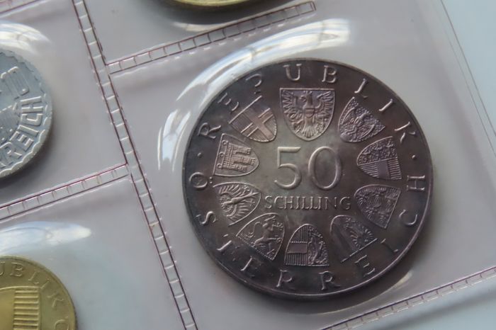 3 x Silver coins in 1972 Austrian Proof Coin Set ("durch Ihre Volksbank" edition)