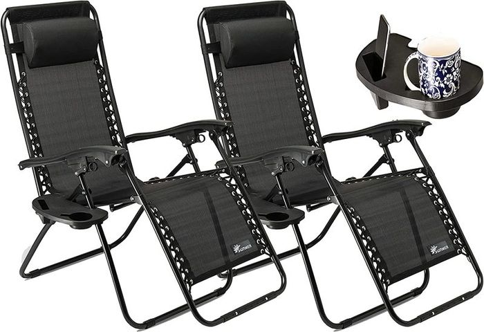 Set of 2 Sun Lounger Garden Chairs With Cup And Phone Holder - Deck Folding Recliner Zero Gravity Outdoor Chair - Black/Black