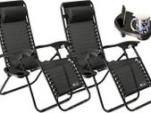 Set of 2 Sun Lounger Garden Chairs With Cup And Phone Holder - Deck Folding Recliner Zero Gravity Outdoor Chair - Black/Black