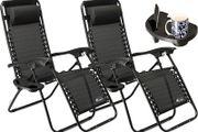 Set of 2 Sun Lounger Garden Chairs With Cup And Phone Holder - Deck Folding Recliner Zero Gravity Outdoor Chair - Black/Black