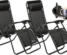 Set of 2 Sun Lounger Garden Chairs With Cup And Phone Holder - Deck Folding Recliner Zero Gravity Outdoor Chair - Black/Black