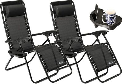 Set of 2 Sun Lounger Garden Chairs With Cup And Phone Holder - Deck Folding Recliner Zero Gravity Outdoor Chair - Black/Black
