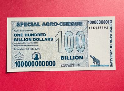 Zimbabwe 100 Billion Dollars. 2008.  PICK 64  SPECIAL AGRO - CHEQUE  UNC Verified Under Uv Light )