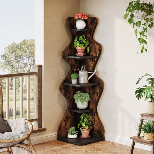5 Tier Corner Shelf, Wooden Corner Bookcase, Freestanding Display Storage Shelf, Plant Stand for Living Room, Bedroom & Small Spaces