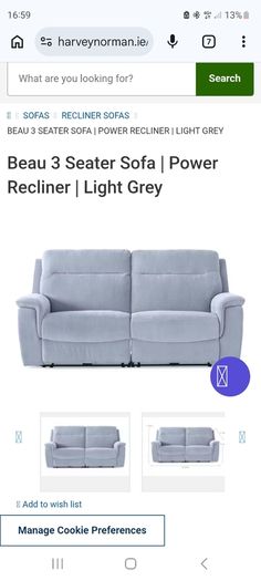 3 Seater Grey Electric reclining Sofa