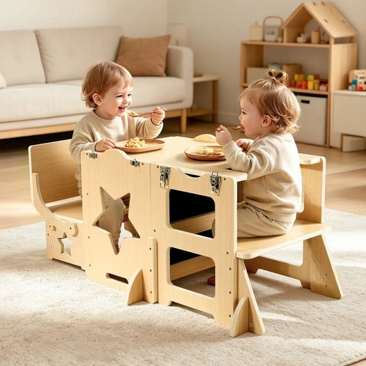 Toddler Tower, Wooden, 6 in 1 Kitchen Step Stool for Kids 1-5, Montessori Weaning Table and Chair Set
