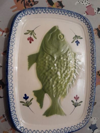 Vintage St Clement France Green Majolica Fish Plate Platter