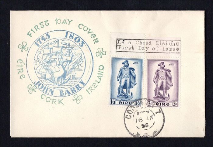 1956 Ireland To Commemorate The unveiling of a Statute to Commodore John Barry , Founder of the US Navy Commemorative Stamps Illustrated First Day Cover (FDC)