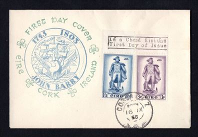 1956 Ireland To Commemorate The unveiling of a Statute to Commodore John Barry , Founder of the US Navy Commemorative Stamps Illustrated First Day Cover (FDC)