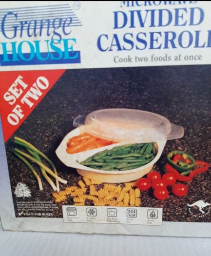 vintage new microwave divided casserole dish x 2