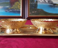 Antique Ornate And Engraved Solid Brass Footed Bowls With Underplate